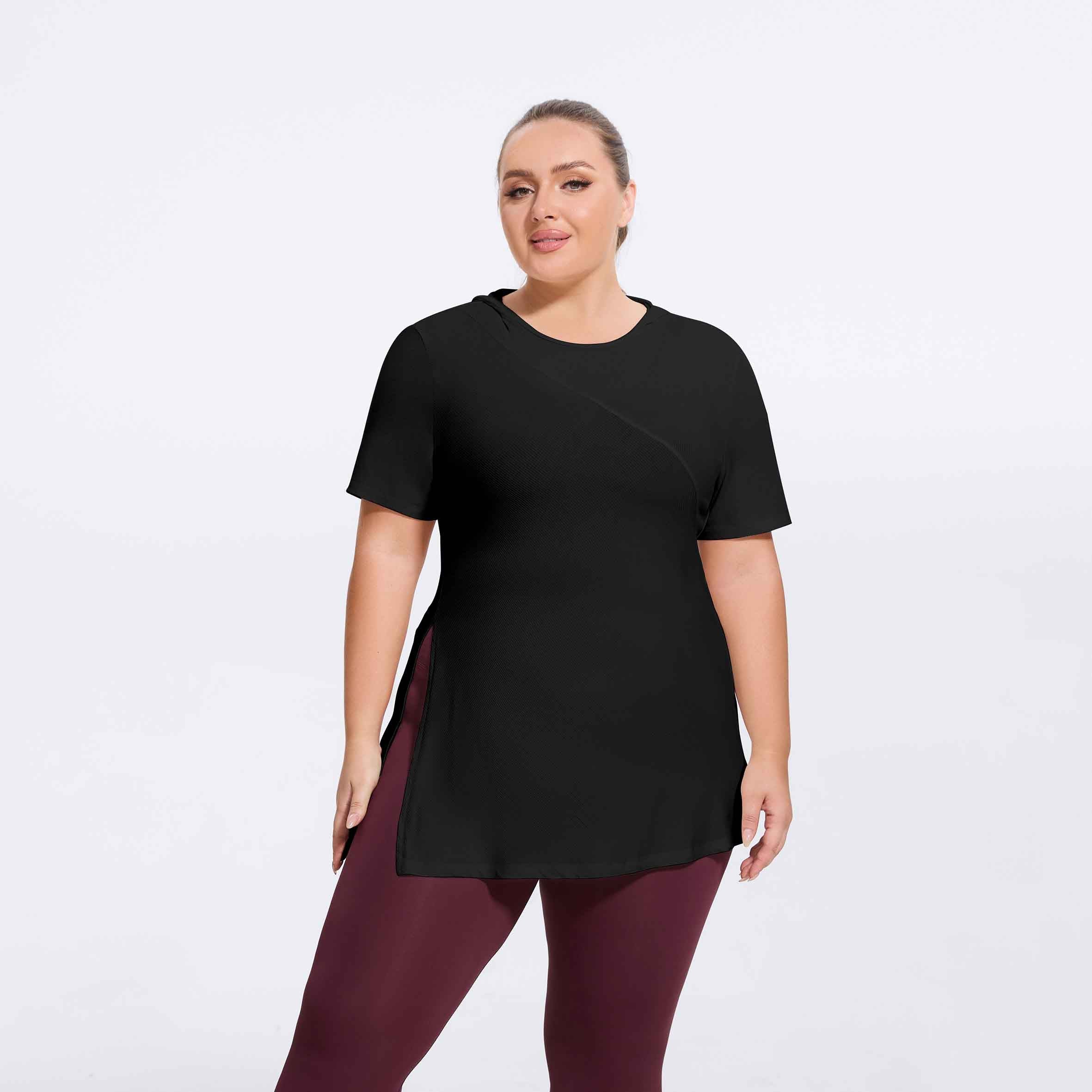 Plus Size Hooded Side-Slit Slim Fit Yoga Top